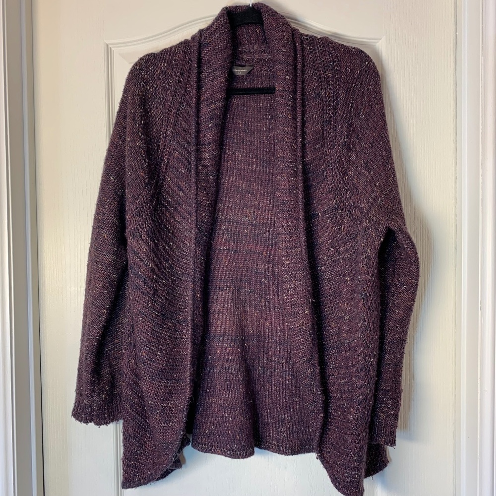 Denver Hayes Cozy Knit Cardigan L – Prune Burgundy Speckled Open Front